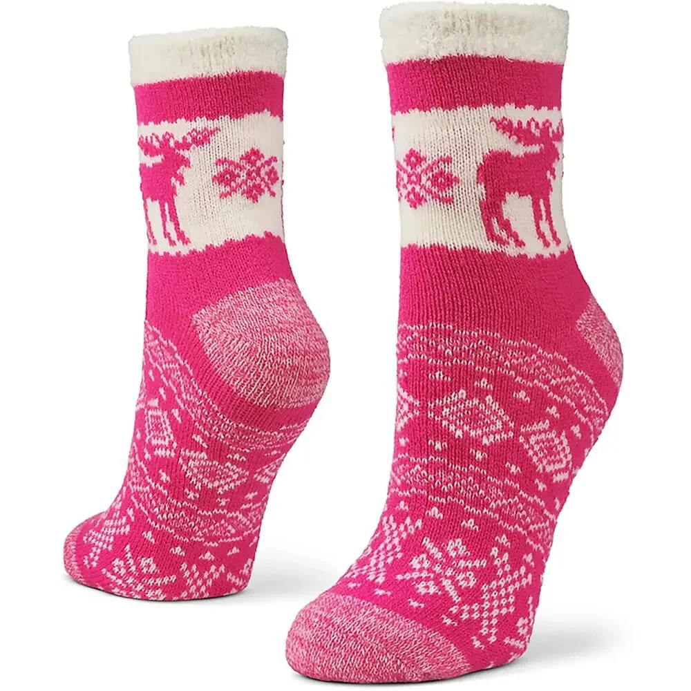 Magellan Outdoors Lodge Crew Socks Pink Snowy Moose Aloe Infused Medium 6-10